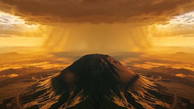 Striking lightning sending arc into crater on stratovolcano, illuminating crater and rain shafts