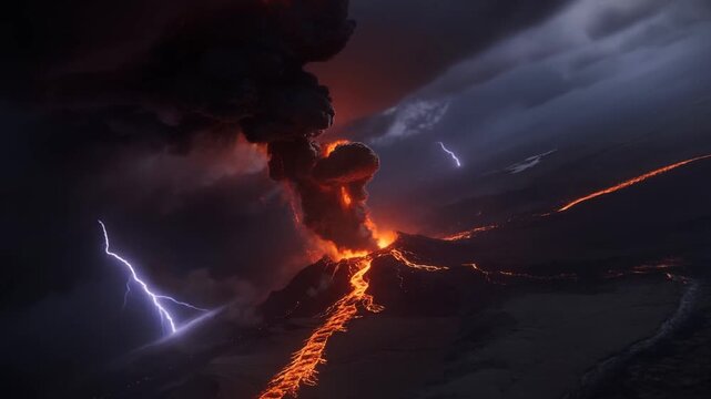 Erupting summit vent expelling lava spout and ash plume at volcano after magma surge, lightning