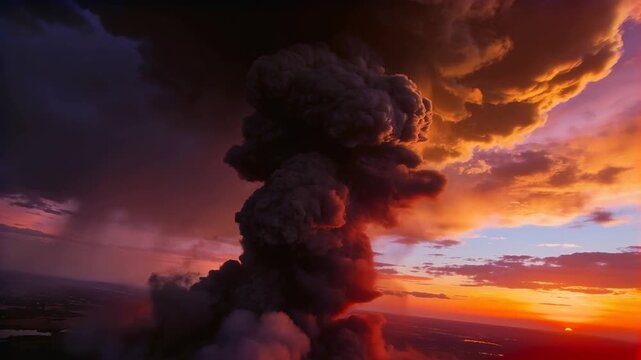 Eruption sending towering smoke plume ascending over rural fields at sunset, with lightning flashes