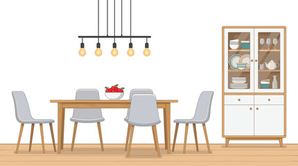 Fototapeta premium Modern Dining Room Interior Vector Illustration Featuring Wooden Table Grey Chairs Hanging Pendant Chandelier Light and Glass China Cabinet for Home Furniture Catalog and Kitchen Decor Designs