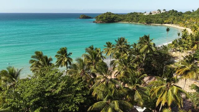 Wide drone panorama of Bonita Beach bay in Las Terrenas, featuring palm forest, turquoise water, sandy curve, rocky islets and tropical coastline.