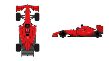 Fototapeta premium Red formula one racing car minimalist vector illustrations showing top down and side profile views isolated on a white background for automotive design and sports concepts.