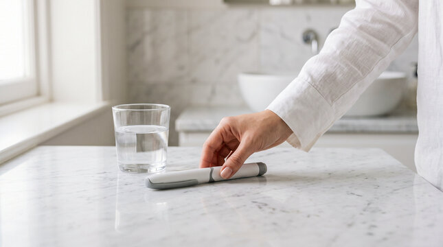 Close-up of a hand picking up a medical injector pen from a marble countertop next to a glass of water in a bright, modern bathroom setting