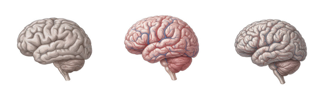 Set of Three Human Brain Illustrations Isolated on White Background Detailed Anatomical Medical Graphics and Cerebral Cortex Design Elements Stock PNG Graphics
