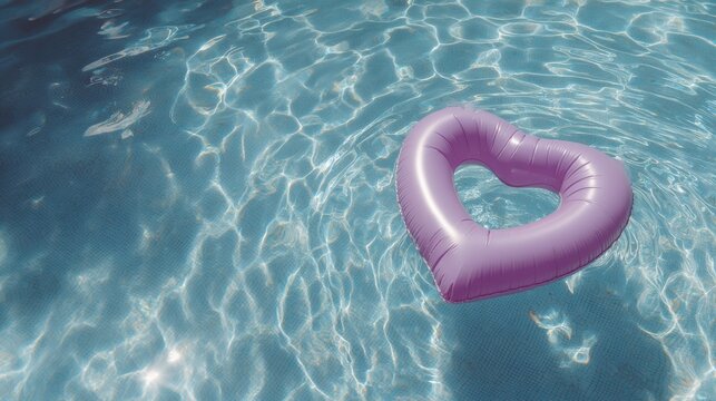Heart Shaped Inflatable Ring Floating in Swimming Pool with Light Reflections from Above Eye Level in Summer