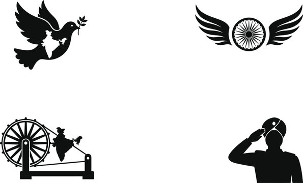 Collection of india indian independence day and republic day icons featuring various patriotic national symbols