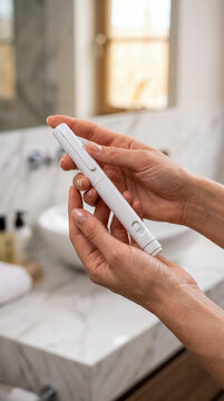 Close-up of a woman's hands holding a white medical injector pen in a modern bathroom, preparing for a self-administered injection of insulin or weight loss medication