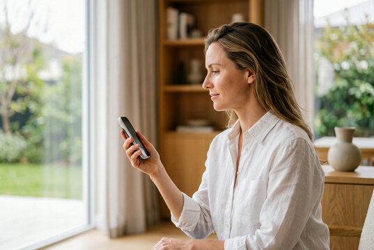 Middle-aged woman in a white shirt sitting in a bright, modern living room, looking at her smartphone with a calm expression