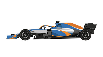 Fototapeta premium Flat design vector illustration of a modern Formula 1 racing car in profile view featuring a blue, orange, and silver livery with aerodynamic wings isolated on a white background.