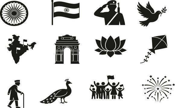 Set of black silhouette icons representing india indian independence day republic day and various national symbols