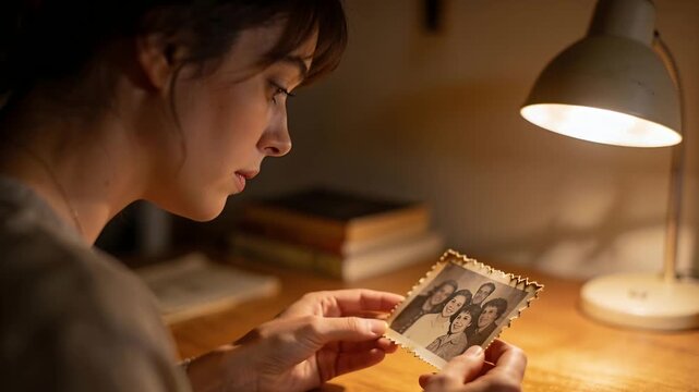 Leaning forward woman in light sweater holding scalloped photograph at desk, reducing lamp glare