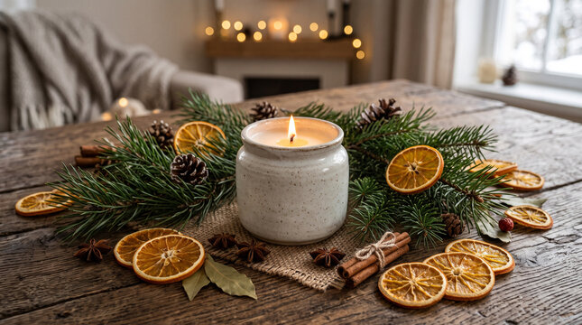 Cozy Christmas burning candle with pine branches dried orange slices and cinnamon sticks on wooden table