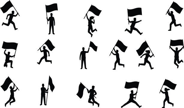 Silhouettes of people holding flags for india independence day and republic day celebrations featuring national symbols