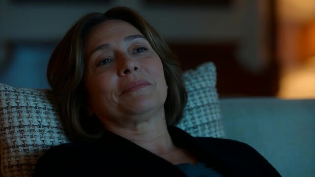 Hearing voice, woman wearing cardigan listening, replying on couch with patterned pillow and lamp