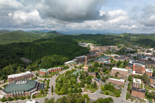 Boone, North Carolina. American architecture with streets and historical buildings in Blue Ridge Mountains. Popular tourist destination