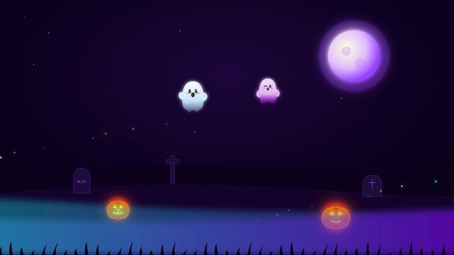 Cute cartoon ghosts floating over a spooky graveyard with glowing jack-o-lanterns under a full moon.