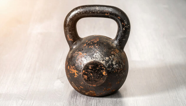 A heavily rusted vintage iron kettlebell sits on a wooden surface, ready for intense strength training and fitness workouts.