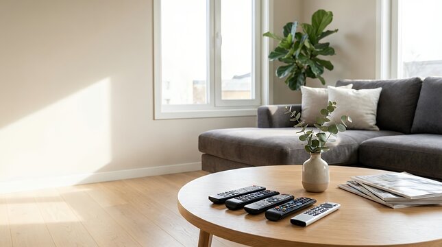 A bright and airy interior shot of a modern sunny living room focusing on a wooden table where several remote controls for the television are neatly placed with a stylish gray sofa visible in the
