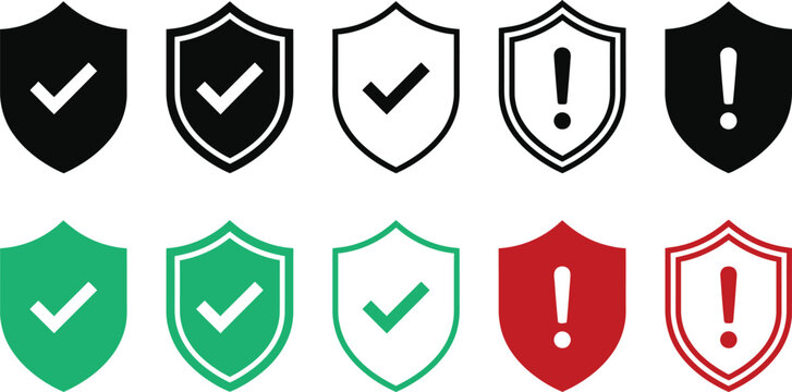 Flat of checkmark and exclamation mark in black green and red green check green checkmark
