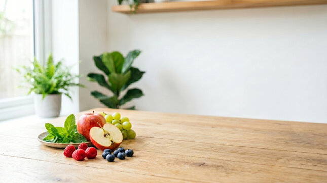 fresh fruits and berries on wooden table in bright kitchen interior