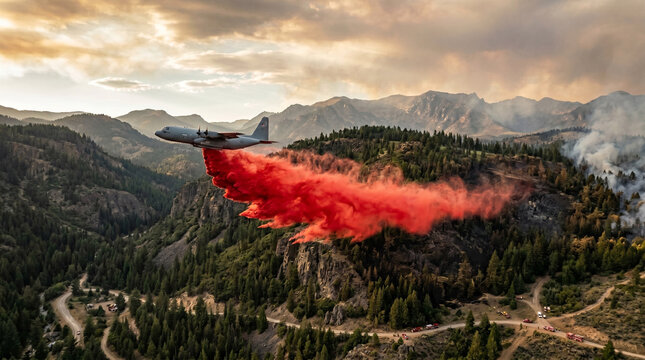firefighting airplane dropping red retardant over forest wildfire in mountains aerial view