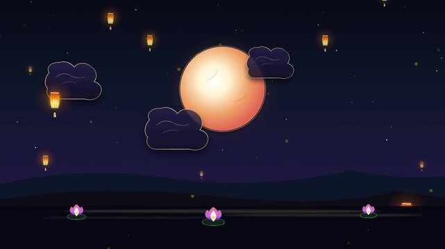 Beautiful night scene with a large full moon floating lanterns and lotus flowers on water.