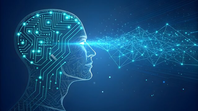 Artificial intelligence head profile. Digital human brain with glowing circuit board nodes.