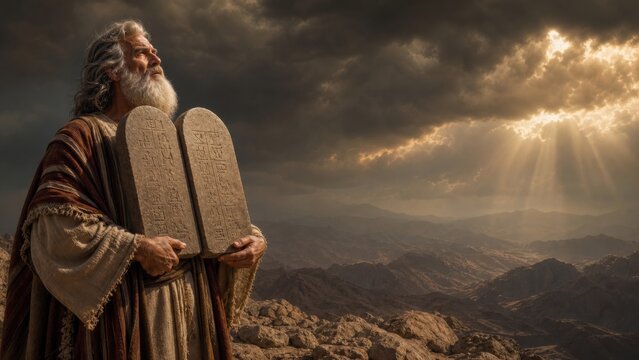 Moses holding stone tablets with Ten Commandments on Mount Sinai. Biblical prophet receiving divine law. Religious scene with dramatic clouds and light. Spiritual history and faith concept.