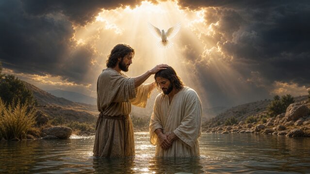 Jesus Christ receiving baptism from John the Baptist in river Jordan. Biblical scene with descending holy spirit as dove under divine light. Catholic religious art and sacred tradition.