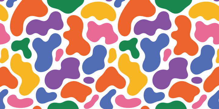 Seamless pattern of colorful organic fluid blob shapes on a white background creating a vibrant modern abstract vector graphic illustration design