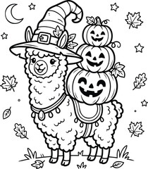 Naklejka premium Cute cartoon alpaca in witch hat surrounded by autumn pumpkins and stars black witch hat white alpaca
