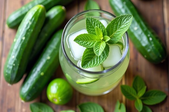 Vibrant Overhead Capture of a Rustic Wooden Table Featuring Fresh Cucumbers and Mint Leaves Surrounding a Chic Glass Pitcher of Infused Water