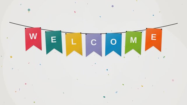 Colorful hanging welcome bunting flags animation with falling confetti on white background.