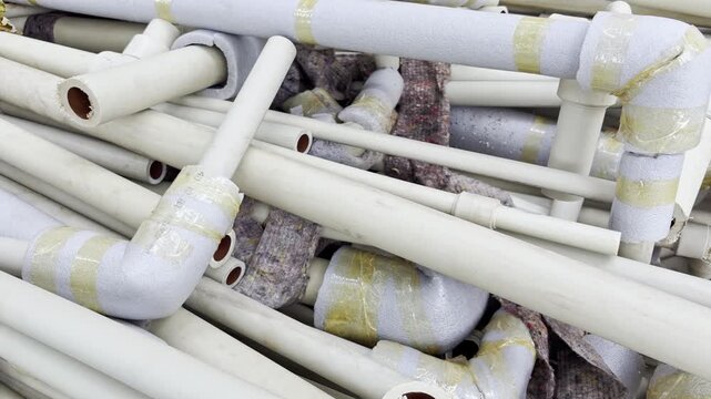 A pile of disassembled plastic water pipes with foam thermal insulation lies stacked outdoors. These plumbing materials are collected and prepared for waste management