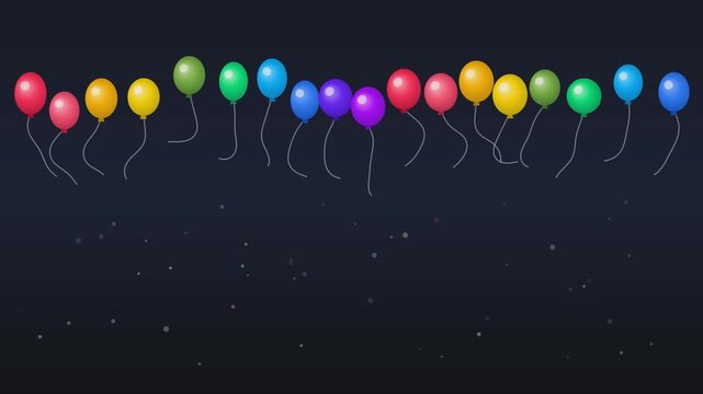 Colorful balloons floating up and down in sequence on a dark background with confetti.