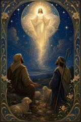 Obraz premium Jesus Christ appearing to shepherd in starry night. Divine miracle of transfiguration. Religious sacred scene of christianity for Easter or Christmas worship and biblical tradition art.