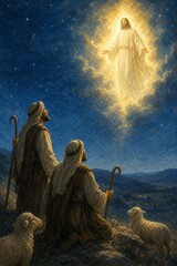 Obraz premium Jesus Christ appearing to humble shepherds with sheep in the night sky. Biblical scene representing the annunciation and divine light. Religious art illustration of Christian faith.