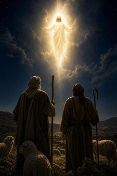 Jesus Christ appearing in sky to shepherds with sheep. Biblical scene of nativity and annunciation. Religious representation of divine light, faith, holy miracle, and spiritual guidance.