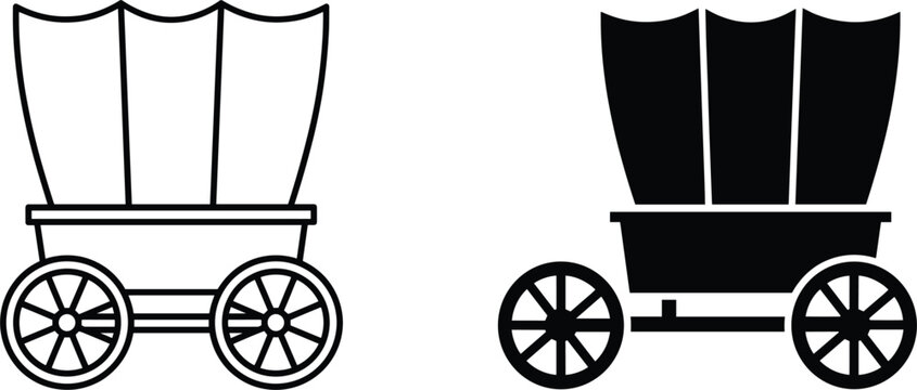 Western Covered Wagon Vector Icon Set Featuring Outline and Silhouette Styles for Wild West History Heritage and Pioneer Theme Designs