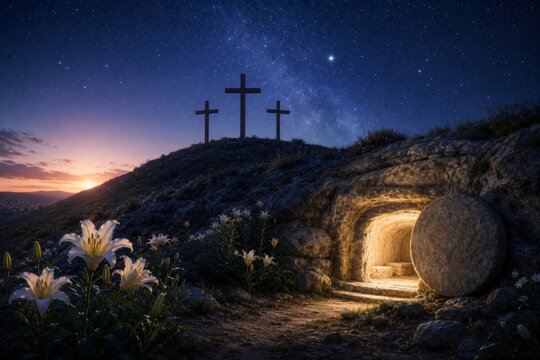 Jesus Christ empty tomb with three crosses on hill at dawn. Resurrection of savior, christian religion concept for Easter celebration. Holy bible background with lily flower and light.