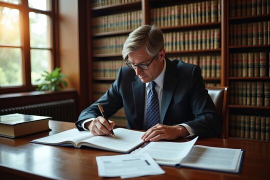 Tax Attorney Analyzing Legal Documents at a Wooden Library Desk Amidst Towering Bookshelves of Legal Texts