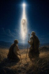 Obraz premium Angel appearing to shepherds in the field under the bright Christmas star. Biblical scene of the announcing of the birth of Jesus Christ. Religious artwork for advent and holiday.
