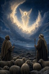 Obraz premium Angel appearing to shepherds in night sky with Jesus Christ inspired scene. Biblical nativity story of Christmas announcement. Religious faith and divine spirit in heavens. Traditional art.