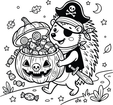 Cute cartoon hedgehog pirate with bandana, parrot, and treasure map eye patch
