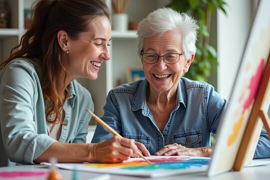 Moments of Joy: A Caregiver and Senior Collaborating on a Vibrant Art Project