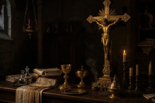 Gold crucifix with Jesus Christ on altar table with liturgical vessel. Catholic mass celebration equipment in dark church interior. Christian religion, faith and worship concept.