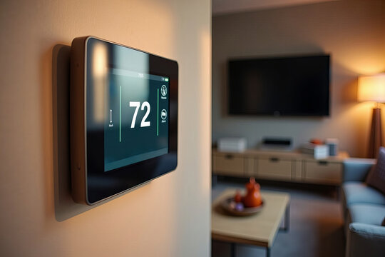 Showcase a Chic Living Room Highlighting a Sleek Smart Thermostat and Contemporary Heat Pump, Emphasizing the Fusion of Technology and Comfort
