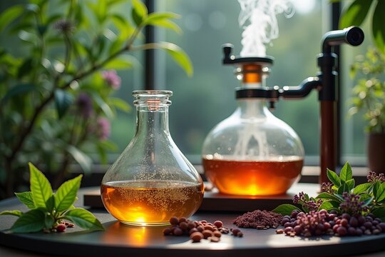 Close-Up of a Steam Distillation Apparatus in Action: Showcasing Glassware, Rising Steam, and Vibrant Essential Oils in the Receiver
