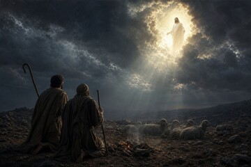 Fototapeta premium Jesus Christ appearing to shepherds in field. Divine miracle in night sky with bright light clouds. Biblical story scene of annunciation. Christian religion and faith spiritual concept.