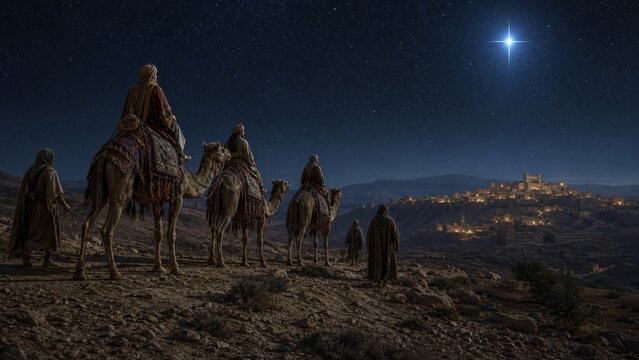 Three wise men riding camels toward Bethlehem at night. Pilgrims traveling under the star of David. Biblical scene for Christmas holiday narrative, religious faith and spiritual journey.